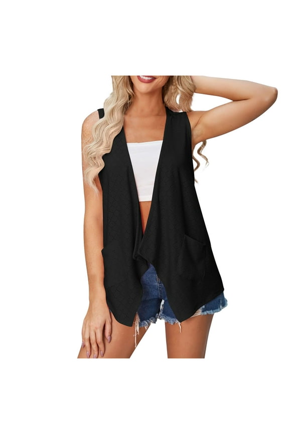 Women's Lightweight Cardigan Summer Soft Eyelet Embroidery Sleeveless Cardigans with Pocket High Low Hem Draped Duster Black L