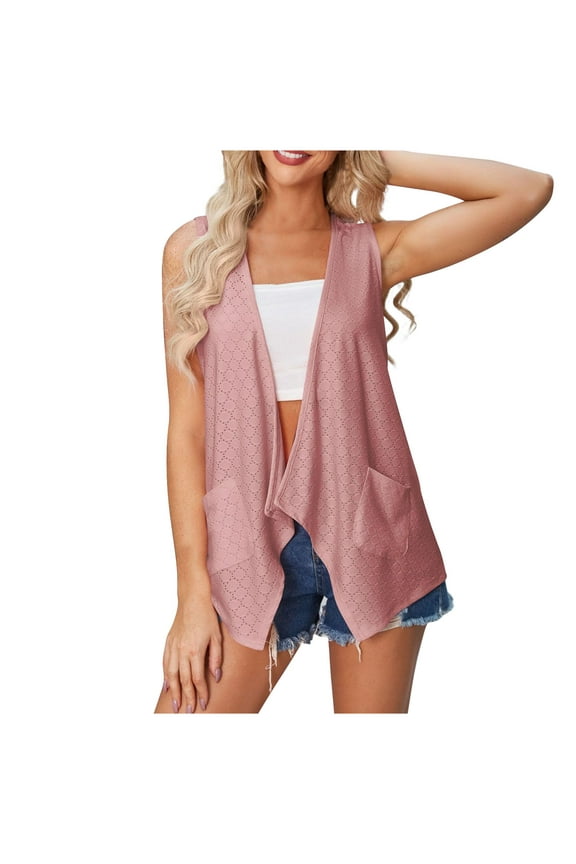 Women's Lightweight Cardigan Summer Soft Eyelet Embroidery Sleeveless Cardigans with Pocket High Low Hem Draped Duster Hot Pink S
