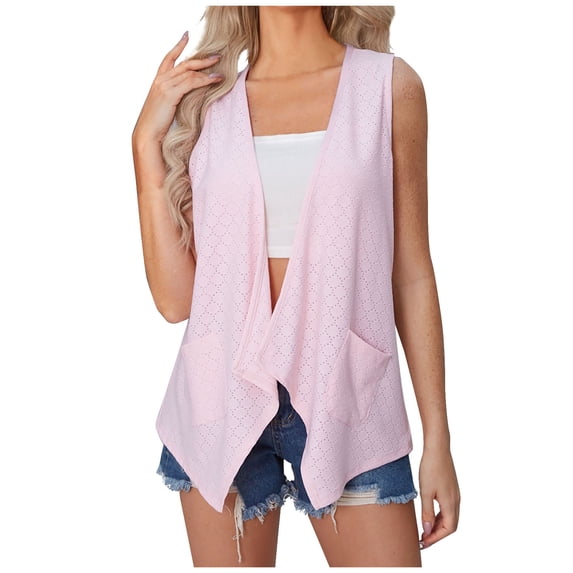 WCMZJ Women's Lightweight Cardigan Summer Soft Eyelet Embroidery Sleeveless Cardigans with Pocket High Low Hem Draped Duster Pink XL