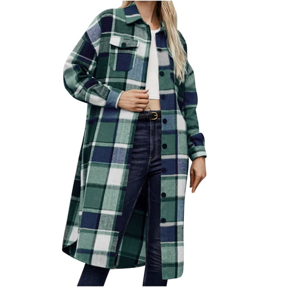 WCMZJ Women's Long Plaid Shacket Lapel Button Down Shirt Oversized Long Sleeve Jacket with Pocket Knee Length Retro Coat Green XL