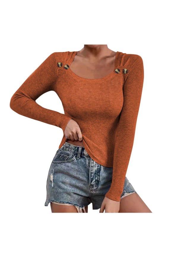 Women's Long Sleeve Square Neck Sweater Ribbed Knit Slim Fitted Casual Basic Crop Top with Button Decor Orange S