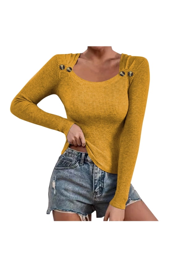 Women's Long Sleeve Sweater Solid Casual Square Neck Button Sweater Knitted Base Slim Fit Ribbed Stretch Tops Yellow S