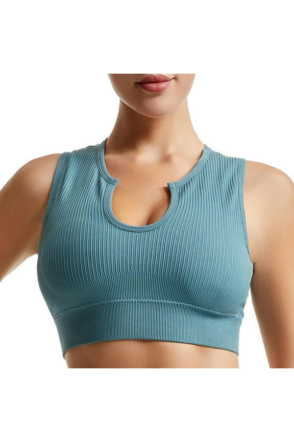 Women's Medium Support Crop Top Seamless Ribbed Removable Cups Summer V Neck Racerback Workout Yoga Sport Bra