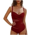 thumbnail image 1 of WCMZJ Women's One Piece Swimsuit 2025 V Neck Ruched Mesh Bathing Suit Tummy Control Slimming Swimwear Red 2XL, 1 of 4