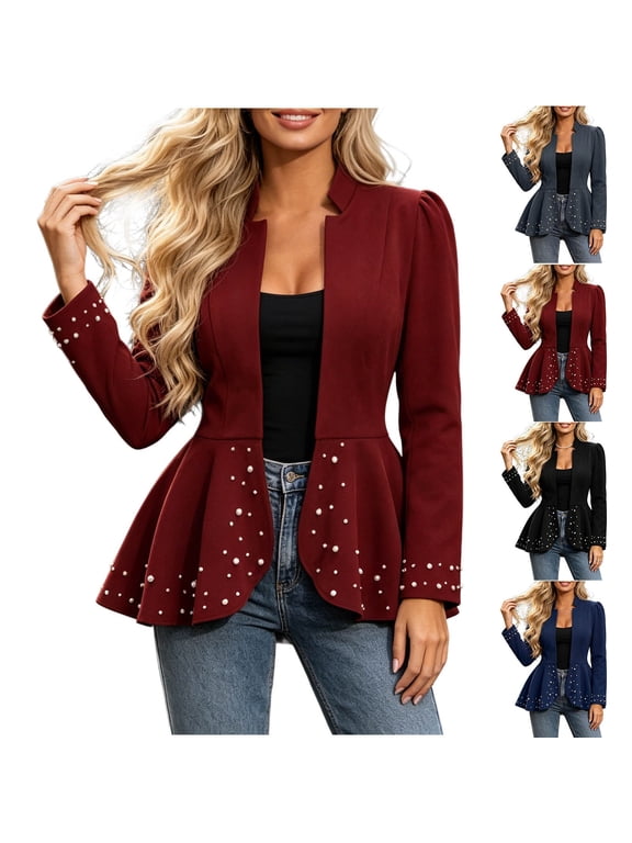 Women's Open Front Peplum Blazer Stand Collar Pearl Studded Long Sleeve Slim Waist Office Evening Party Outer Jacket
