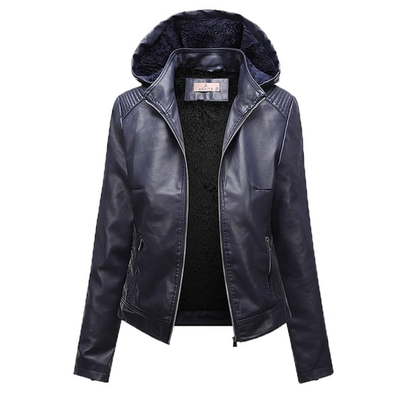 WCMZJ Women's PU Leather Hooded Jackets Plus Size Winter Coats Sherpa Lined Motocycle Biker Jacket Outerwear Blue L