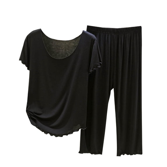 WCMZJ Women's Pajama Sets Crew Neck Soft Loungewear Ruffle Short Sleeve Top and Capri Pants Lazy Cozy Sleepwear 2 Piece Nightwear Black XXL