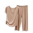 thumbnail image 1 of WCMZJ Women's Pajama Sets Crew Neck Soft Loungewear Ruffle Short Sleeve Top and Capri Pants Lazy Cozy Sleepwear 2 Piece Nightwear Khaki XXL, 1 of 5