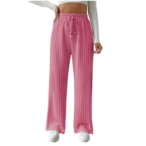 WCMZJ Women's Pleated Wide Leg Pants Casual Drawstring Elastic Waisted Trousers Ribbed Knit Loose Long Lounge Summer Sweatpant Pink L