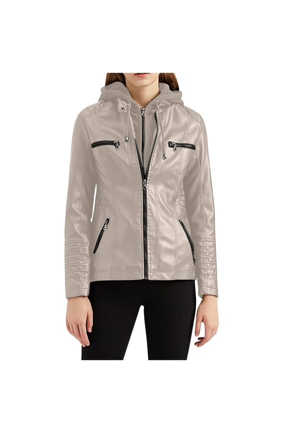 Women's Plus Size Faux Leather Jacket Biker Coat with Removable Hooded Biker Jacket Slim Fit Jacket Beige S