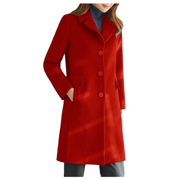 WCMZJ Women's Plus Size Notched Lapel Single Breasted Business Casual Wool Blend Long Trench Coat with Pockets Red L