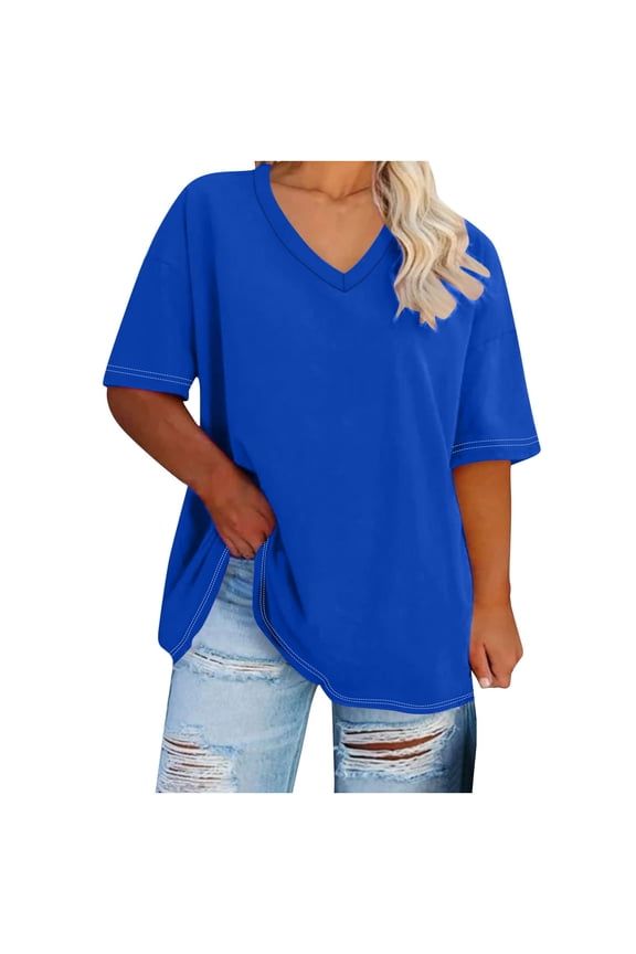 Women's Plus Size V Neck T Shirts Summer Half Sleeve Tees Casual Loose Fit Basic Cotton Boyfriend Tunic Tops