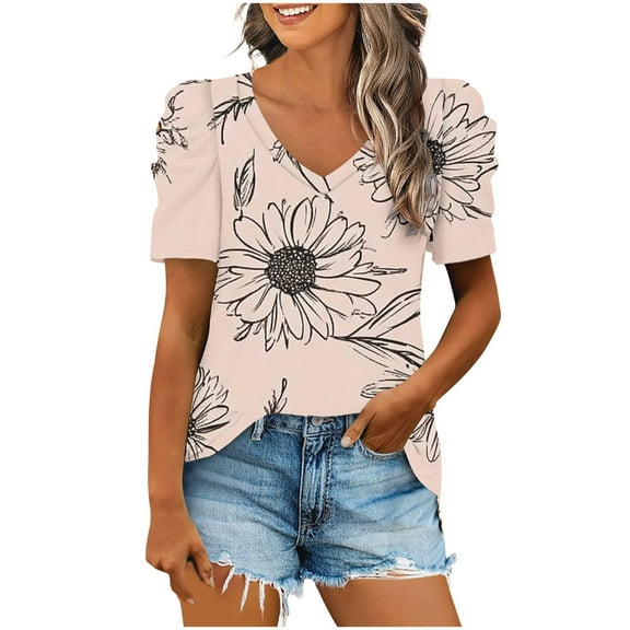 WCMZJ Women's Puff Short Sleeve Shirts Casual V Neck Floral Summer Blouse Loose Fit Casual Tunic Top Khaki 3XL