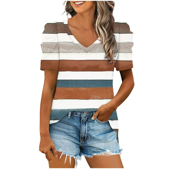 WCMZJ Women's Puff Short Sleeve Shirts Casual V Neck Floral Summer Blouse Loose Fit Casual Tunic Top Khaki L