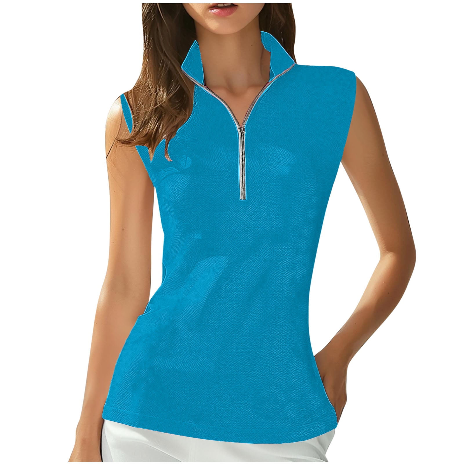 WCMZJ Women's Quarter Zip Golf Polo Shirt Collar Neck Sleeveless ...
