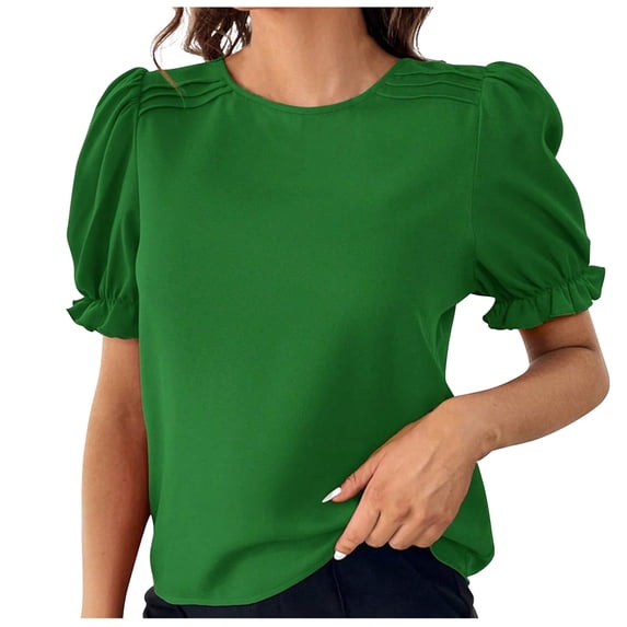 WCMZJ Women's Round Neck Short Puff Sleeve Tops Summer Casual Pleat Blouse Solid Color Loose Shirt