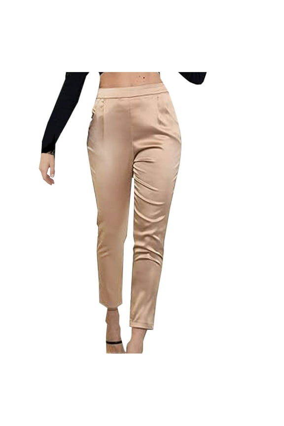 Women's Satin Pants Dress Casual Pleated Pull on High Waist Pants with Pockets Slim Fit Ankle Length Work Office Trousers Khaki XXL