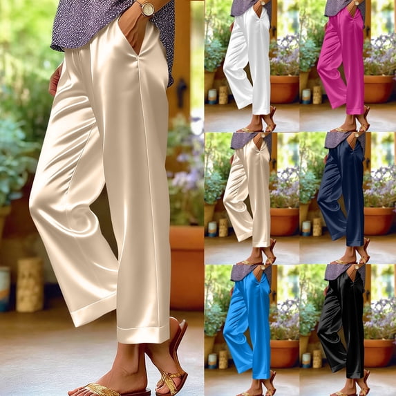 WCMZJ Women's Satin Silk Cropped Pants Elastic Waist Glossy Loose Trousers Lightweigh Slacks with Pockets