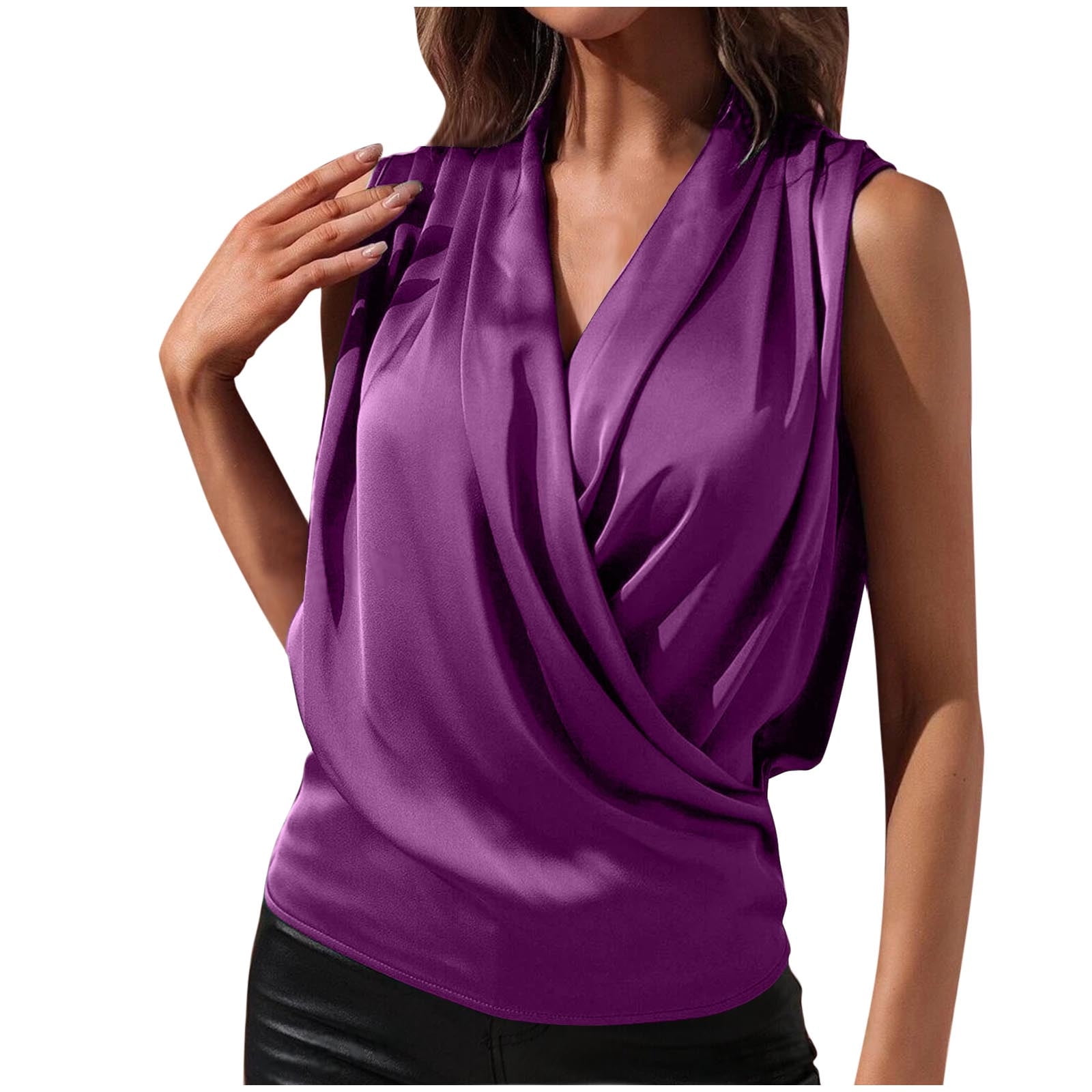 WCMZJ Women's Satin Silky Tops Wrap V Neck Drape Ruched Front