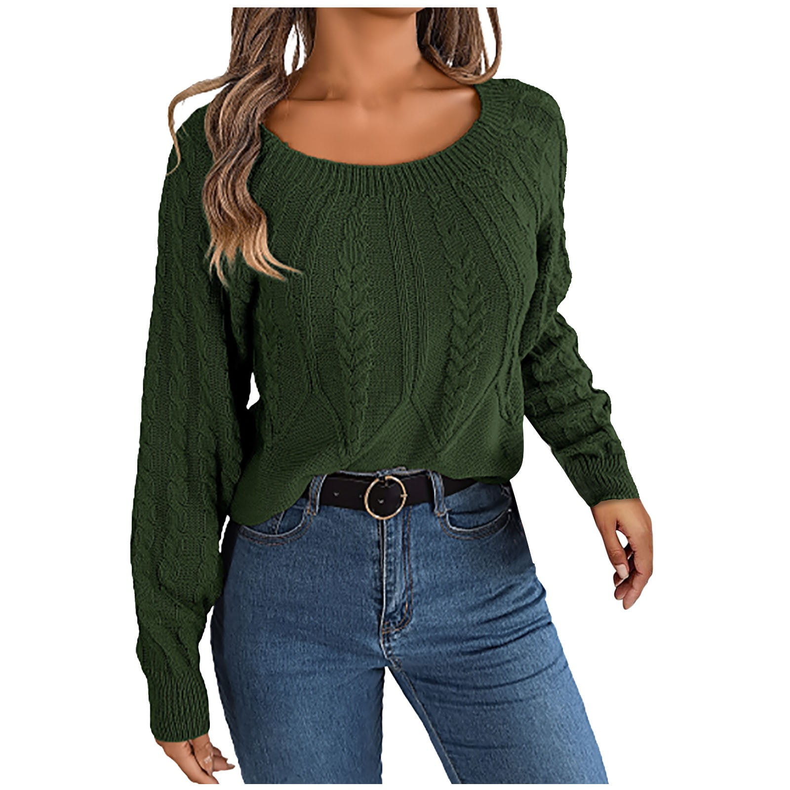Women's Off Shoulder Cable Knit Sweater - Long Sleeve Pullover, Green, Size Large - View #12