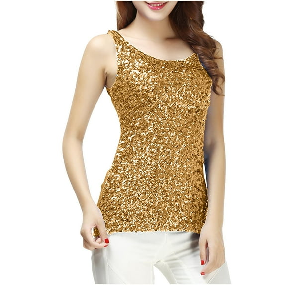 WCMZJ Women's Sequin Tops Summer Sleeveless Glitter Crew Neck Tank Tops Club Party Vest Gold L