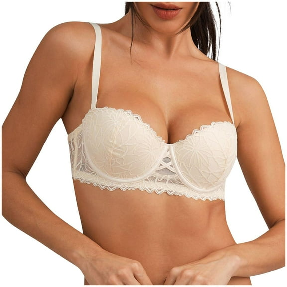 WCMZJ Women's Sexy Balconette Push Up Bra Underwire Lace Plunge Bra Plus Size Lift Balcony Brassiere Beige S