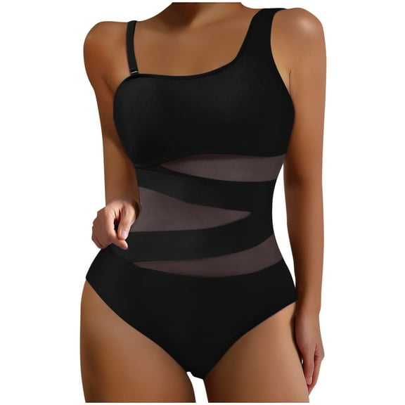 WCMZJ Women's Sexy One Piece Bathing Suits One Shoulder Swimsuits Slimming Mesh Swimwear Black 2XL