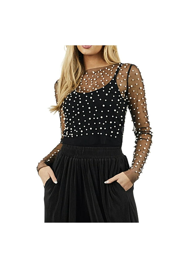 Women's Sheer Pearl Top See Through Long Sleeve Crew Neck Mesh Crop Tops Slim Fit Cover Up Cropped Blouse Black M