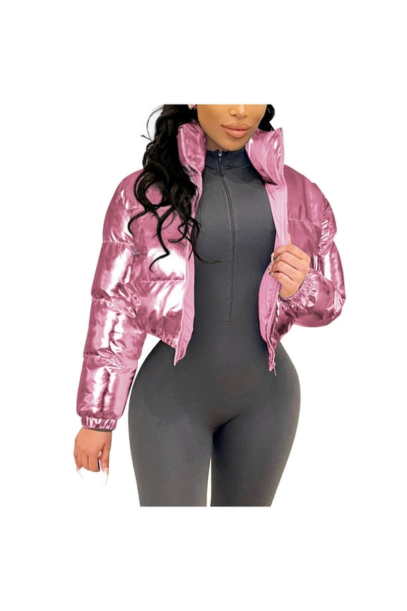 Women's Shiny Cropped Puffer Jacket Long Sleeve Solid Color Stand Neck Winter Down Coat Hot Pink L