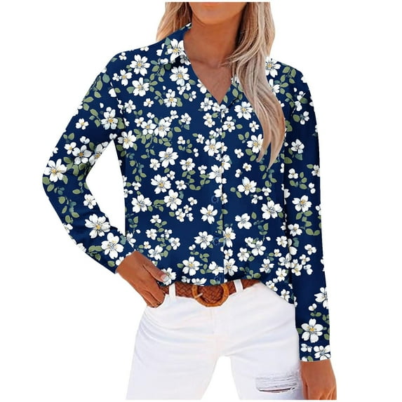 WCMZJ Women's Shirts Floral Print Button Down Shirt Fashion 2025 Lightweight Long Sleeve Blouse Spring Summer Casual Tunic Tops Blue 2XL