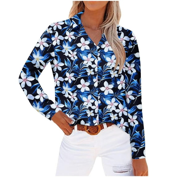 WCMZJ Women's Shirts Floral Print Button Down Shirt Fashion 2025 Lightweight Long Sleeve Blouse Spring Summer Casual Tunic Tops Blue S