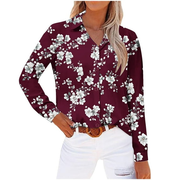WCMZJ Women's Shirts Floral Print Button Down Shirt Fashion 2025 Lightweight Long Sleeve Blouse Spring Summer Casual Tunic Tops Wine 3XL