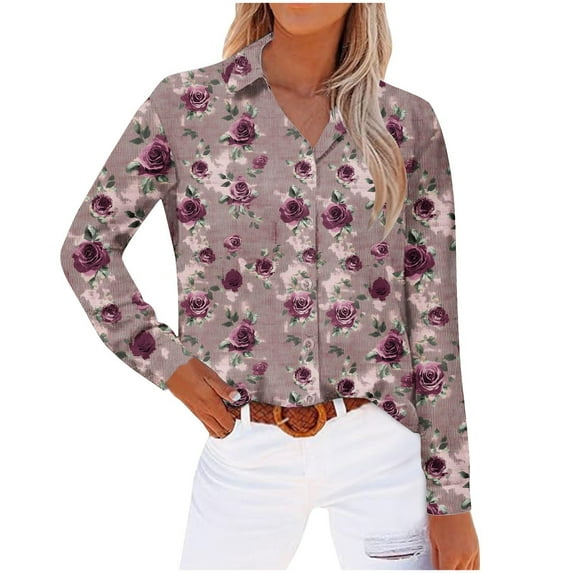 WCMZJ Women's Shirts Floral Print Button Down Shirt Fashion 2025 Lightweight Long Sleeve Blouse Spring Summer Casual Tunic Tops Wine M