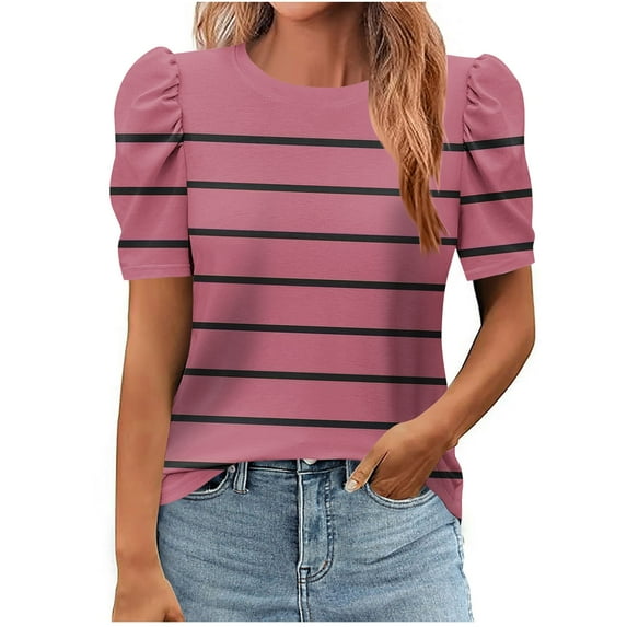 WCMZJ Women's Short Puff Sleeve Knit Tops 2025 Trendy Crewneck Striped T Shirts Casual Summer Blouses Pink XL