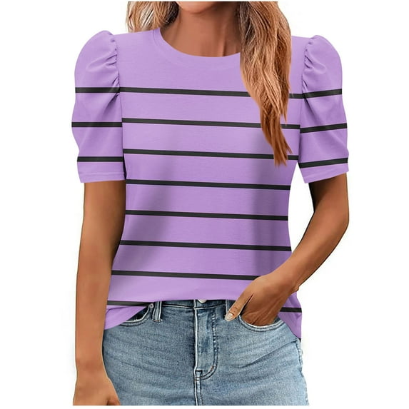WCMZJ Women's Short Puff Sleeve Knit Tops 2025 Trendy Crewneck Striped T Shirts Casual Summer Blouses Purple XL