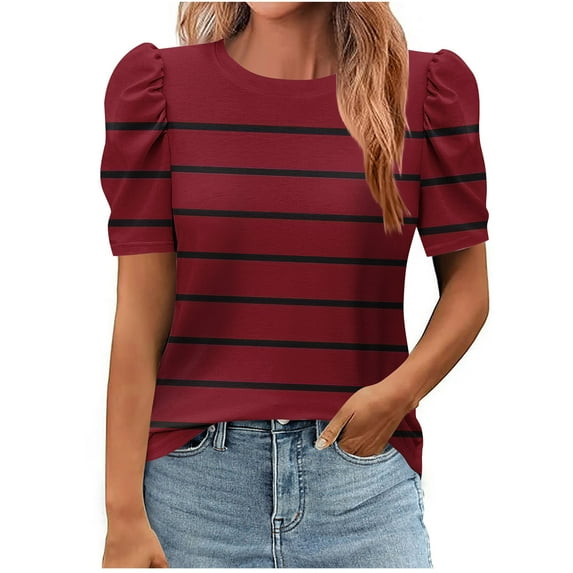 WCMZJ Women's Short Puff Sleeve Knit Tops 2025 Trendy Crewneck Striped T Shirts Casual Summer Blouses Wine S