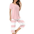 thumbnail image 1 of WCMZJ Women's Sleepwear Capri Pajama Sets Short Sleeve Two-Piece Pjs Round Neck Pleated Tops and Capri Pants 2 Piece Pink S, 1 of 5