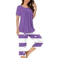 thumbnail image 1 of WCMZJ Women's Sleepwear Capri Pajama Sets Short Sleeve Two-Piece Pjs Round Neck Pleated Tops and Capri Pants 2 Piece Purple M, 1 of 5