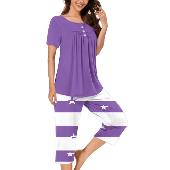 WCMZJ Women's Sleepwear Capri Pajama Sets Short Sleeve Two-Piece Pjs Round Neck Pleated Tops and Capri Pants 2 Piece Purple M