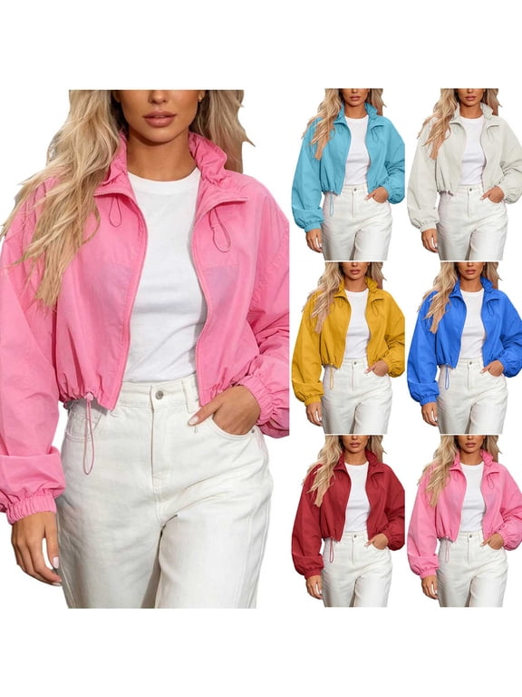 Women's Stand Collar Cropped Windbreaker Jacket Zip Up Bubble Long Sleeves Drawstring Hem Trendy Casual Layering Outer Coat
