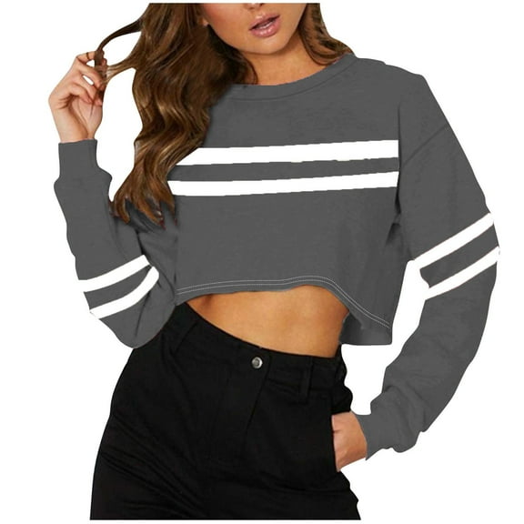 WCMZJ Women’s Striped Oversized Long Sleeve Crop T Shirt Loose Fit Drop Shoulder Crew Neck Cropped Sweatshirt Pullover Gray L