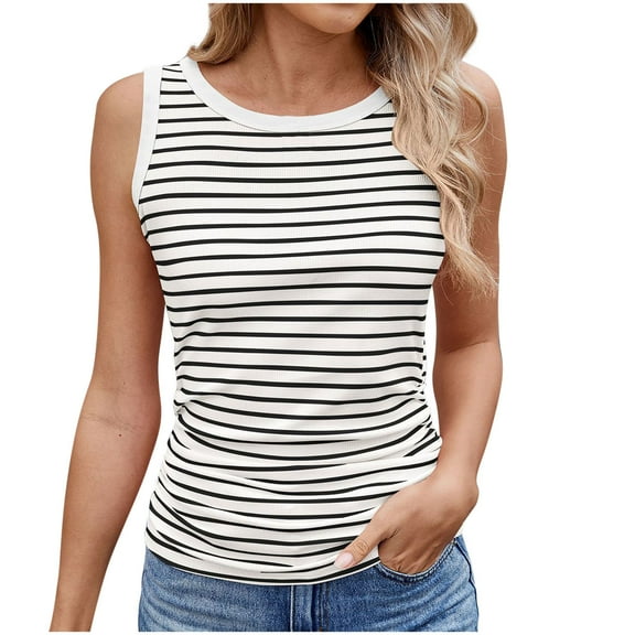 WCMZJ Women's Striped Print Tank Top Summer Sleeveless Crew Neck Tee Shirt Ribbed Slim Fitted Tank Tops White S