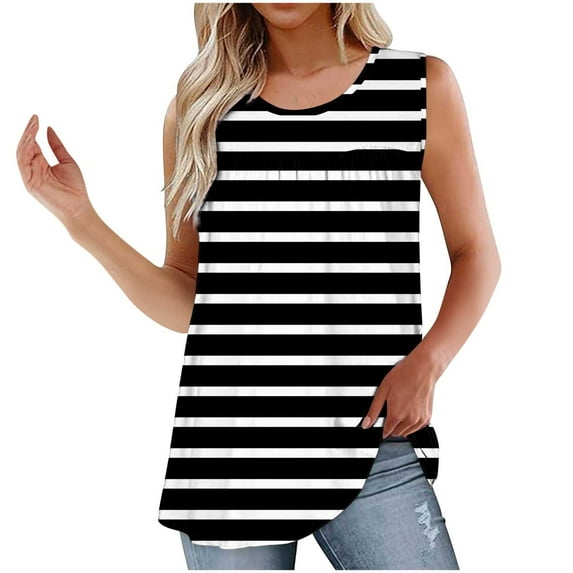 WCMZJ Women's Striped Tank Tops Summer Pleated Front Tunics Casual Sleeveless Shirts Ladies Loose Flowy Blouses to Wear with Legging Black M