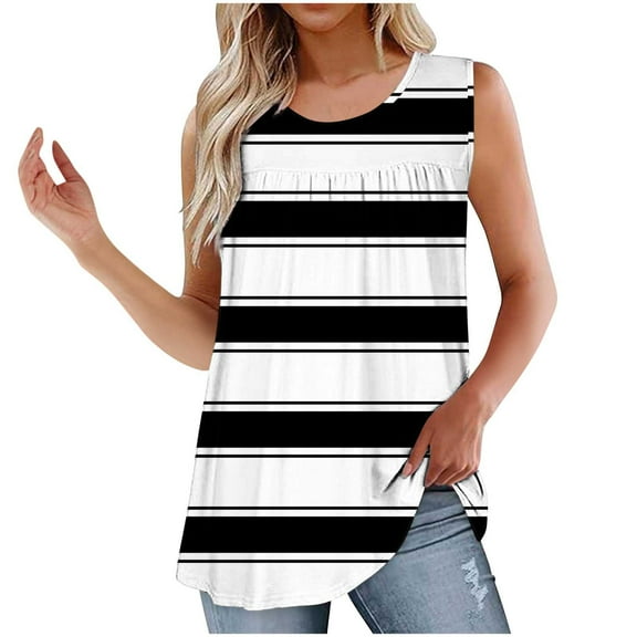 WCMZJ Women's Striped Tank Tops Summer Pleated Front Tunics Casual Sleeveless Shirts Ladies Loose Flowy Blouses to Wear with Legging Black S