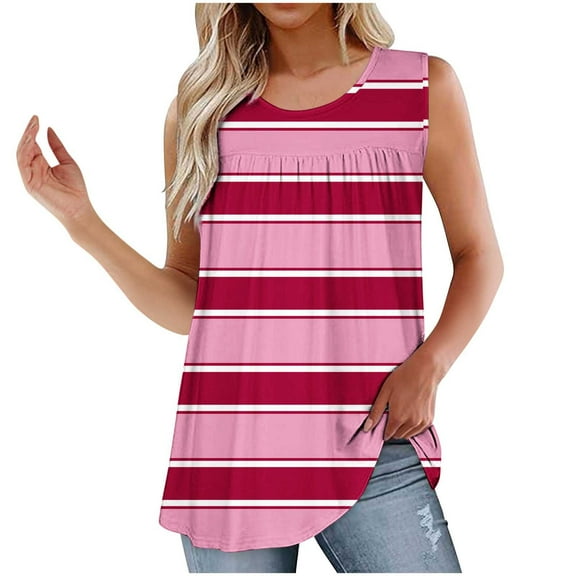 WCMZJ Women's Striped Tank Tops Summer Pleated Front Tunics Casual Sleeveless Shirts Ladies Loose Flowy Blouses to Wear with Legging Hot Pink S