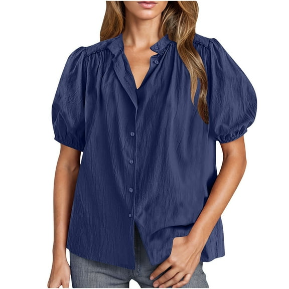 WCMZJ Women's Summer Button Down Shirts Short Lantern Sleeve V Neck Cotton Cute Dressy Casual Ladies Tops Blouses Navy 2XL