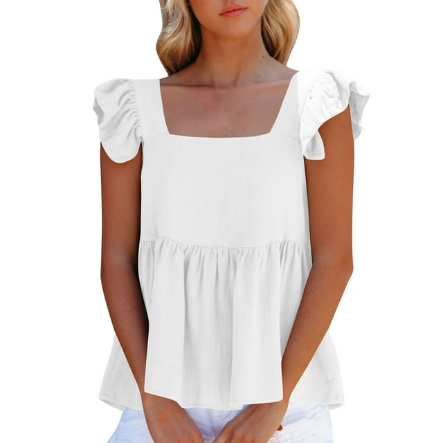 WCMZJ Women's Summer Peplum Blouse Square Neck Ruffle Strap Sleeveless and Backless with Button Babydoll Tank Top White M