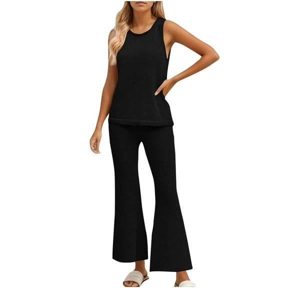 WCMZJ Women's Summer Sleeveless Sweater Sets Casual Knit Tunic Tops and Wide Leg Pants 2 Piece Outfits Black XL