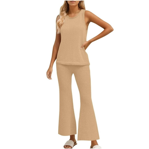 WCMZJ Women's Summer Sleeveless Sweater Sets Casual Knit Tunic Tops and Wide Leg Pants 2 Piece Outfits Khaki XL
