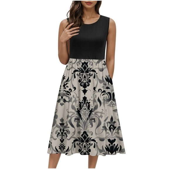 WCMZJ Women's Summer Tank Midi Dress with Pockets Sleeveless A-Line Dress Casual Floral T-Shirt Dress Flowy Beach Sundress Black L